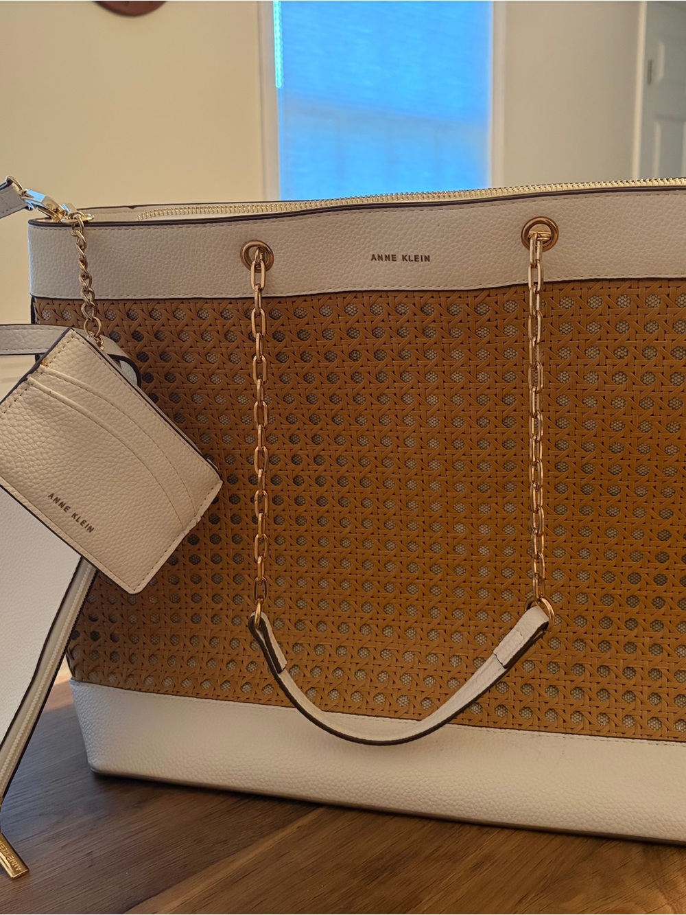 Anne Klein White and Cognac Woven Chain-Handle Tote